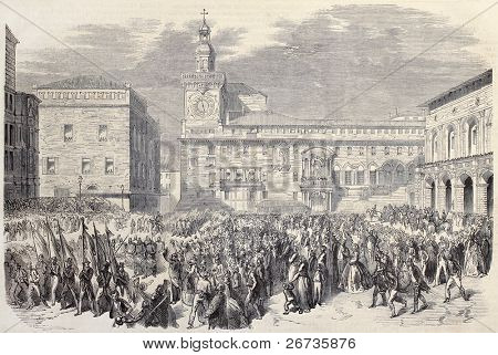 Antiga ilustração de tropas piemonteses entrar il Bologna, Itália. Original, após desenhos de T