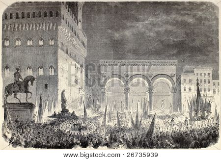 Piazza della Signoria, Florens, Italien: människor som väntar på granskning resultat. Originalet, från ritning av D