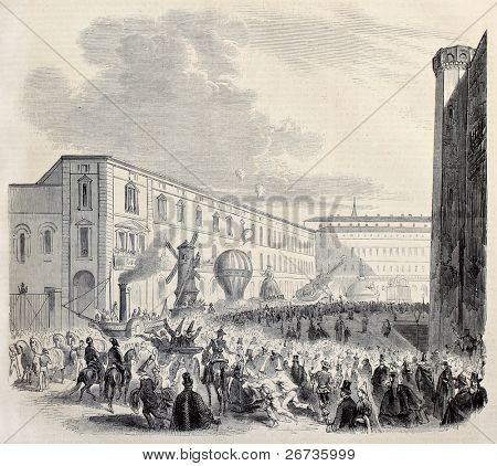 Ancienne illustration du carnaval de Turin en 1860 : défilé de calèches. Original, du dessin de Janet-Lange,