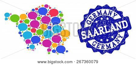Social Network Map Of Saarland State And Blue Grunge Stamp Seal. Mosaic Map Of Saarland State Is Com