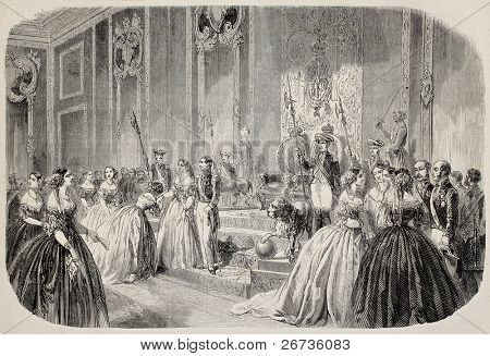 Antikke illustration af dronning af Spanien hånd kysse ceremoni. Oprindelige, fra tegning af Blanchard, en