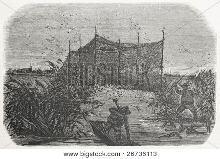 밤에 랭 강, 알자스, 그물 사냥의 오래 된 그림. Lall의 그림에서 원래