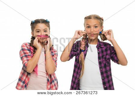 Girls Friends Wear Similar Outfits Have Same Hairstyle Braids White Background. Sisters Family Look.