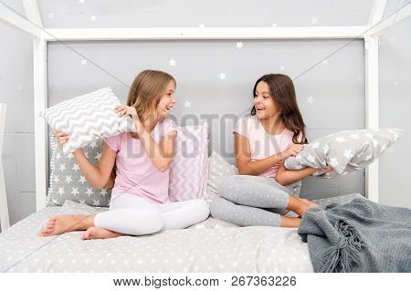 Childhood Friendship Concept. Girls Happy Best Friends Sleepover Domestic Party. Sleepover Time For 