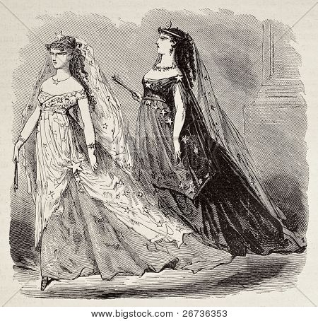 Gamle illustration af stjerner kostumer til Grand Maskeradeballet af 1868 sæson. Oprindelige, lavet af B