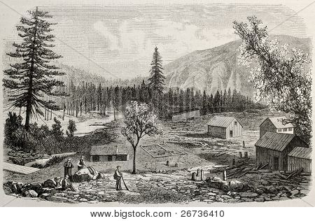 Starožitný ilustrace vesnice na břehu řeky severní Yuba river, Kalifornie, USA. Původní, vytvoření