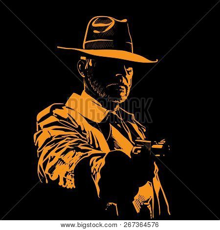Man With Hat And With Gun. Portrait Silhouette In Backlight. Contour. Vector. Illustration.