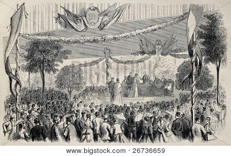 Old illustration of annual assembly of Dupont printing workers in Clichy, France. Created by Pauquet and Cosson-Smeeton, published on L'Illustration, Journal Universel, Paris, 1868