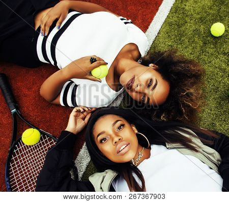 Young Pretty Girlfriends Hanging On Tennis Court, Fashion Stylis