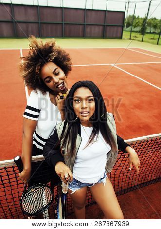 Young Pretty Girlfriends Hanging On Tennis Court, Fashion Stylis