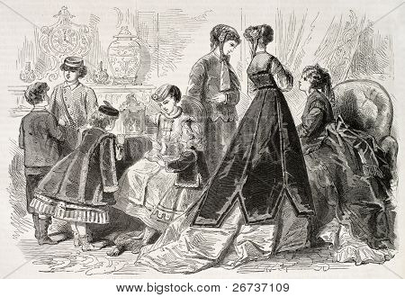 Gamle illustration af dagen slid i 1868, Paris. Lavet af Pauquet og Dutheil, offentliggjort på L'illustration
