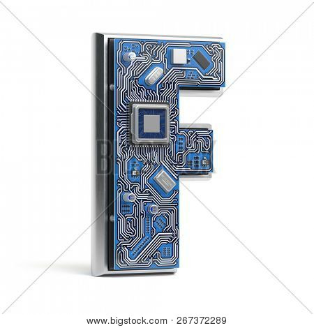 Letter F.  Alphabet in circuit board style. Digital hi-tech letter isolated on white. 3d illustration