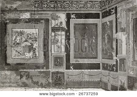 Antica illustrazione dell'esedra in casa di Siriacus a Pompei, Italia meridionale. Creato da Therond e M