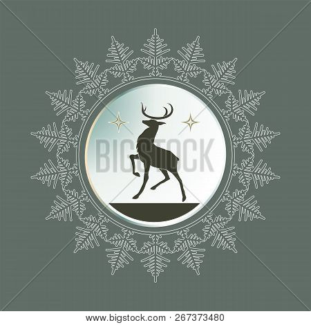 Round Frame In The Form Of A Snowflake With A Silhouette Of A Deer With A Raised Paw.