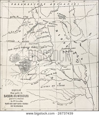 Stará mapa části povodí Missouri v Nebrasce, USA. Vytvořil Erhard a Bonaparte, publikované na Le
