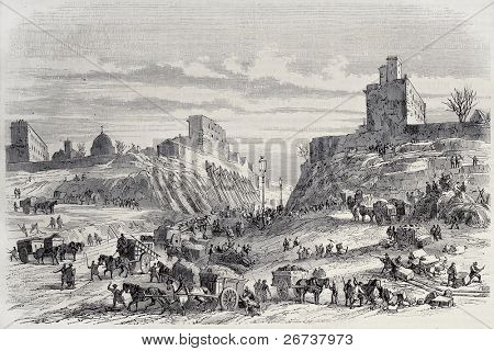 Antica illustrazione di scavo funziona per Rue Monge, apertura, Parigi. Originale, creato da Provost e 