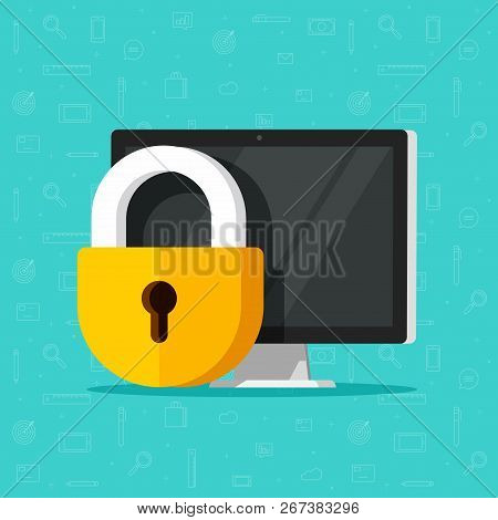 Computer Security Vector Illustration Isolated, Flat Cartoon Design Desktop Pc Protected With Lock, 