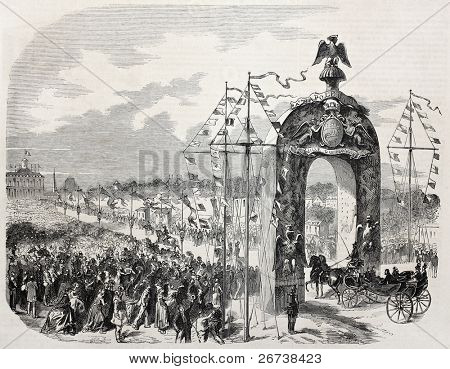 Vanha kuva, Napoleon III ja keisarinna Eugenie syöttäminen Le Havre nojalla Triumphpforte-kaari. Luotu