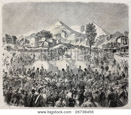 Old illustration of military pantomime in Champ de Mars celebrating Mary Assumption feast on 15 august. Created by Godefroy-Durand, published on L'Illustration Journal Universel, Paris, 1857