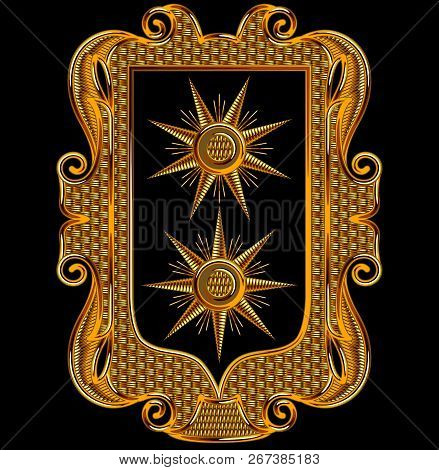 Medieval Goldwork Embroidery Vector Rectangle Frame. Sun Shape Black Background.