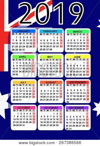 Abstract Calendar For 2019 Year With Flag Of Australia. Design For Calendar 2019. Calendar On Colorf