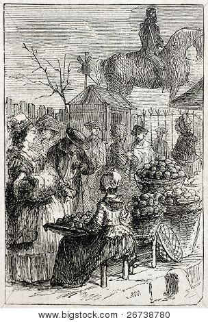 Old illustration of a woman selling oranges. Created by Godefroy-Durand, published on L'Illustration Journal Universel, Paris, 1857