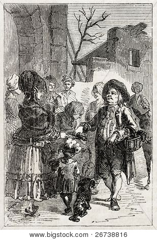 Old illustration of a man selling black pudding. Created by Godefroy-Durand, published on L'Illustration Journal Universel, Paris, 1857