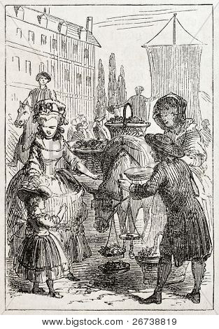 Old illustration of a woman selling Chasselas grape. Created by Godefroy-Durand, published on L'Illustration Journal Universel, Paris, 1857