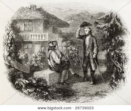 alte Illustration Mann Gruß von heben Hat. erstellt von Johannot und Bertrand, veröffentlicht am mag