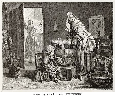 ภาพเก่าของ laundress ที่ สร้างหลัง Chardin เผยแพร่เมื่อ Magasin Pittoresque, Bocourt