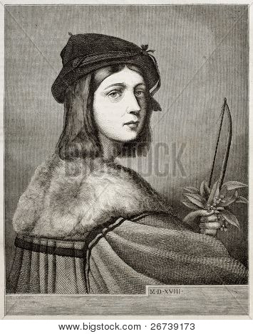 Old engraved reproduction of a portrait painted by Raphael in Sciarra Palace, Rome. Created by Staal, published on Magasin Pittoresque, Paris, 1850