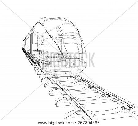 Modern Speed Train Concept. Vector Rendering Of 3d. Wire-frame Style
