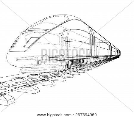 Modern Speed Train Concept. Vector Rendering Of 3d. Wire-frame Style