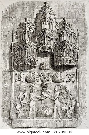 Stary ilustracja architektonicznych szczegółów poniżej ośmioboczna wieża Zamku Meillant, Francja. Tworzenie