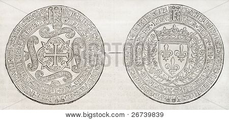 Old illustration of the first French medal coined in 1451 during Charles VII reign. By unidentified author, published on Magasin Pittoresque, Paris, 1850