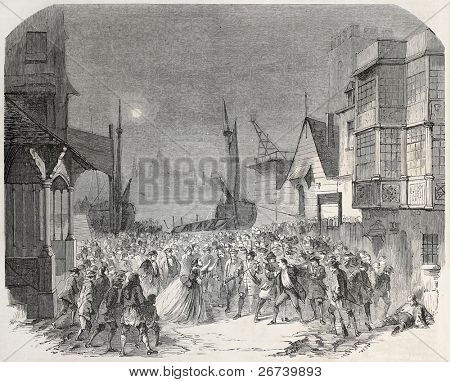 Gammal illustration av Porte Saint Martin teater i Paris: Les Chevaliers du brouillard, sista akten. CRE