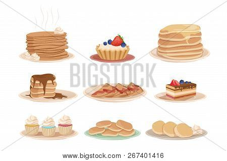 Set With Various Sweet Desserts Stack Of Pancakes, Cupcakes, Cake, Fritters And Tartelette. Tasty Br