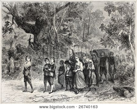 Antica illustrazione di un corteo funebre. Creato da Godefroy Durand dopo la compressa di Knaus, pubblicare