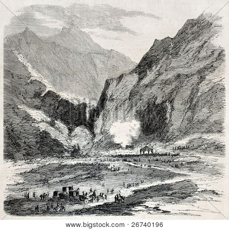 Antiga ilustração do primeiro início de explosão de mina Frejus ferroviário túnel perfuração. Criado por Gaildrau,
