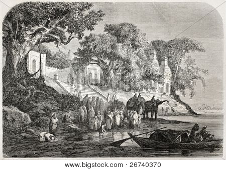 Antiga ilustração da tradicionais abluções do Ganges na Índia. Criado por Anastasi após o esboço de ser