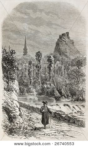 alte Abbildung des Elorn River und la Roche-Maurice Hintergrund, Bretagne, Frankreich. von unidentifie