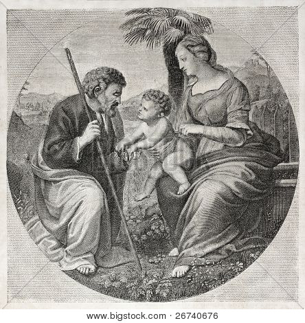 Stary wygrawerowanym reprodukcji Świętej rodziny, po obraz Rafaela, opublikowany na L'Illustration, Jo