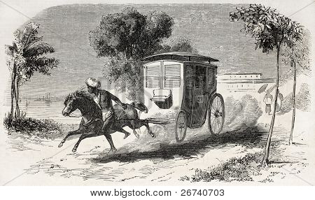 Old illustration of a Singapore horse litter running. Created by Godefroy-Durand, published on L'Illustration Journal Universel, Paris, 1857