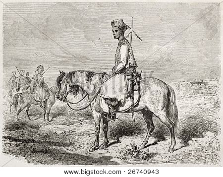 Staré ilustrace tatarština jezdec. Vytvořil(a) Dore po Trevise, publikované na Le Tour du Monde, 
