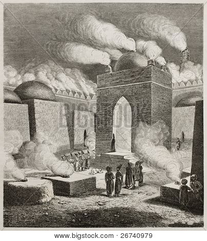 Vieja ilustración de Ateshgah de Bakú, o templo del fuego. Creado por Moynet, publicado en Le Tour du Mo