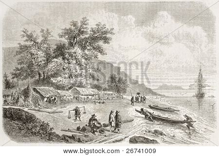 Gamle illustration af Saigon floden bank. Lavet af Jules Noel, offentliggjort på Le Tour du Monde, Paris, 