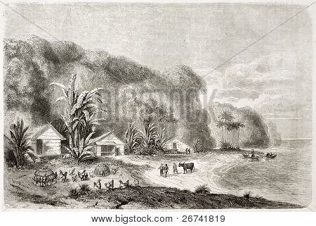 Floden Saigon munden gamle illustration. Lavet af Lancelot og Huyot, offentliggjort på Le Tour du Monde, P