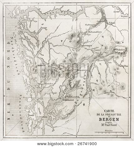 Mappa vecchia penisola di Bergen. Creato da Vuillemin ed Erhard, pubblicato su Le Tour du Monde, Paris, 186