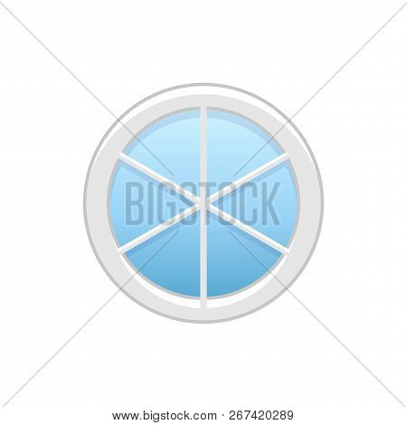 Vector Illustration Of Round Attic Vinyl Wheel Window. Flat Icon Of Traditional Aluminum Circular Wi