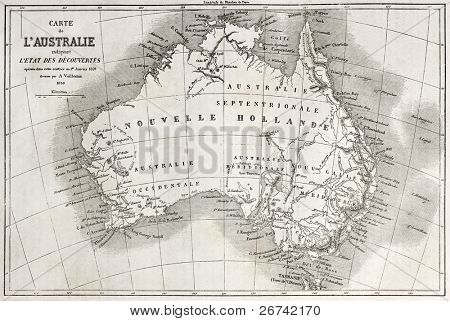 แผนที่เก่าออสเตรเลีย สร้าง โดย Vuillemin และ Erhard เผยแพร่เมื่อเลองามทัวร์ ปารีส 1860